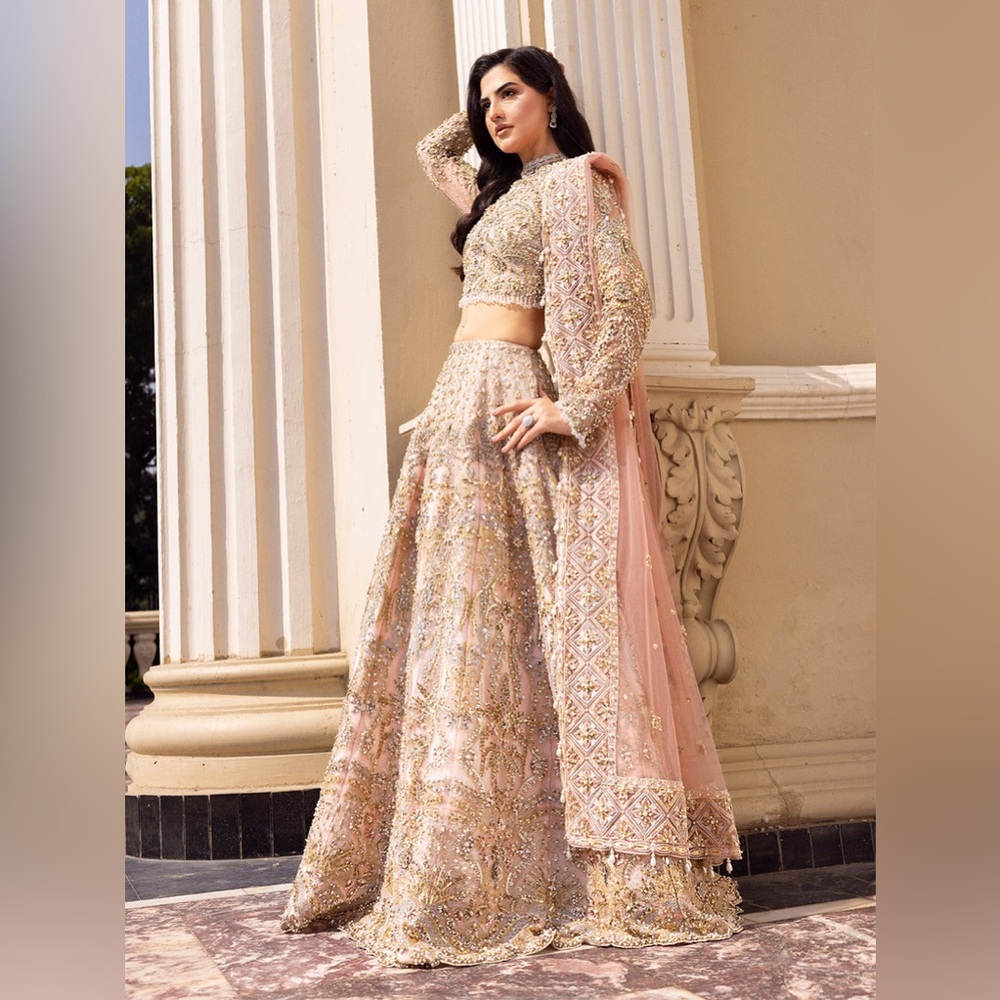 NEW Epoque Lehenga choli dupatta pink silver gold beaded pearl skirt top scarf S